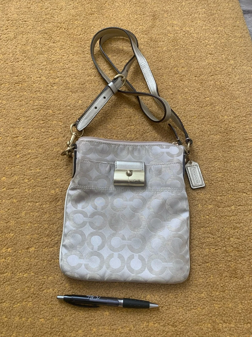 Coach Light Gray & gold Signature Crossbody Bag with Gold Hardware